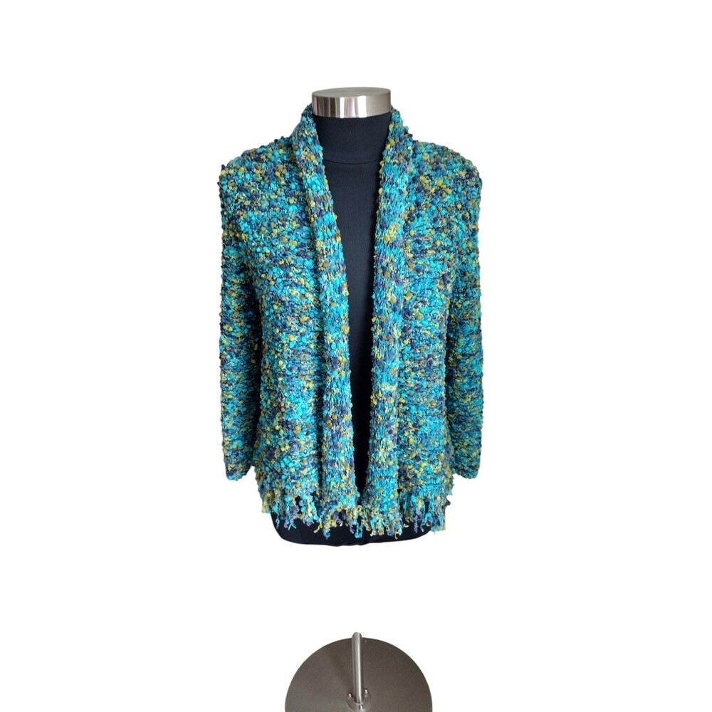 Ruby Road Cardigan Turquoise Multicolor Sweater Size Large Popcorn Fringe Boho